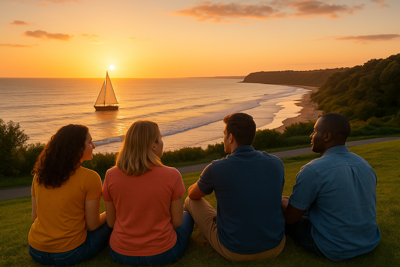 People sitting near ocean watching sunset