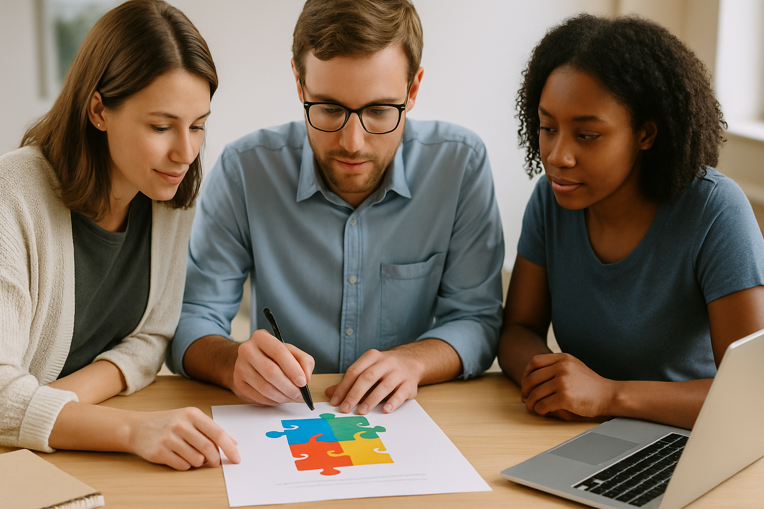 People collaborating over autism puzzle guide
