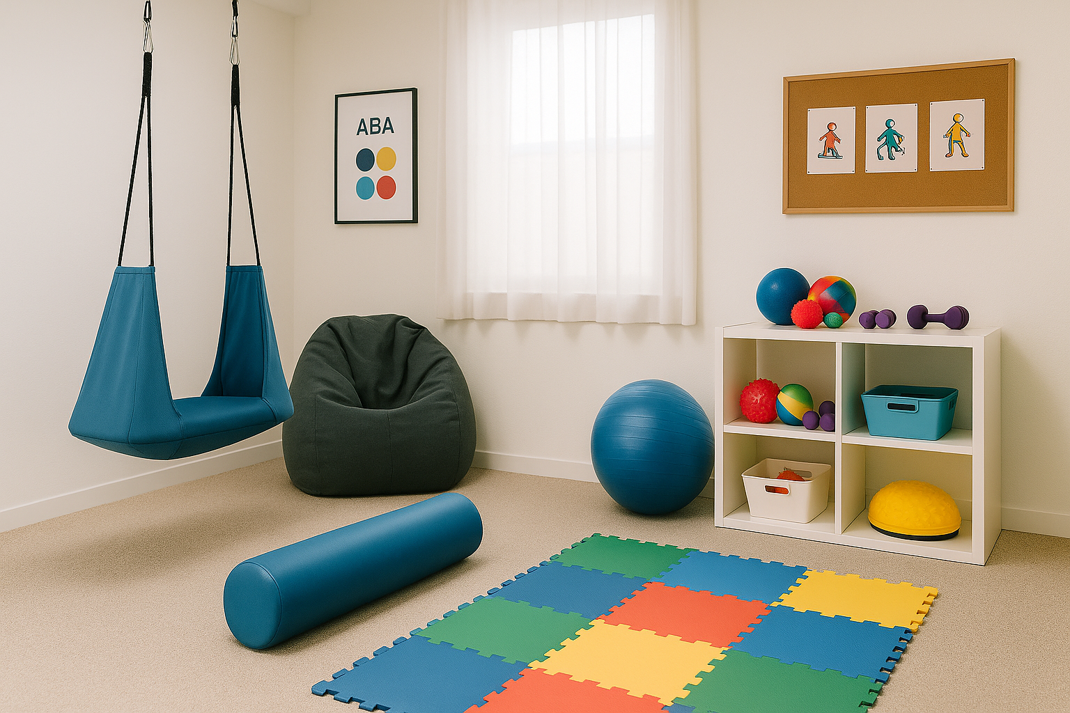 ABA therapy program room for adults with sensory tools and workstations